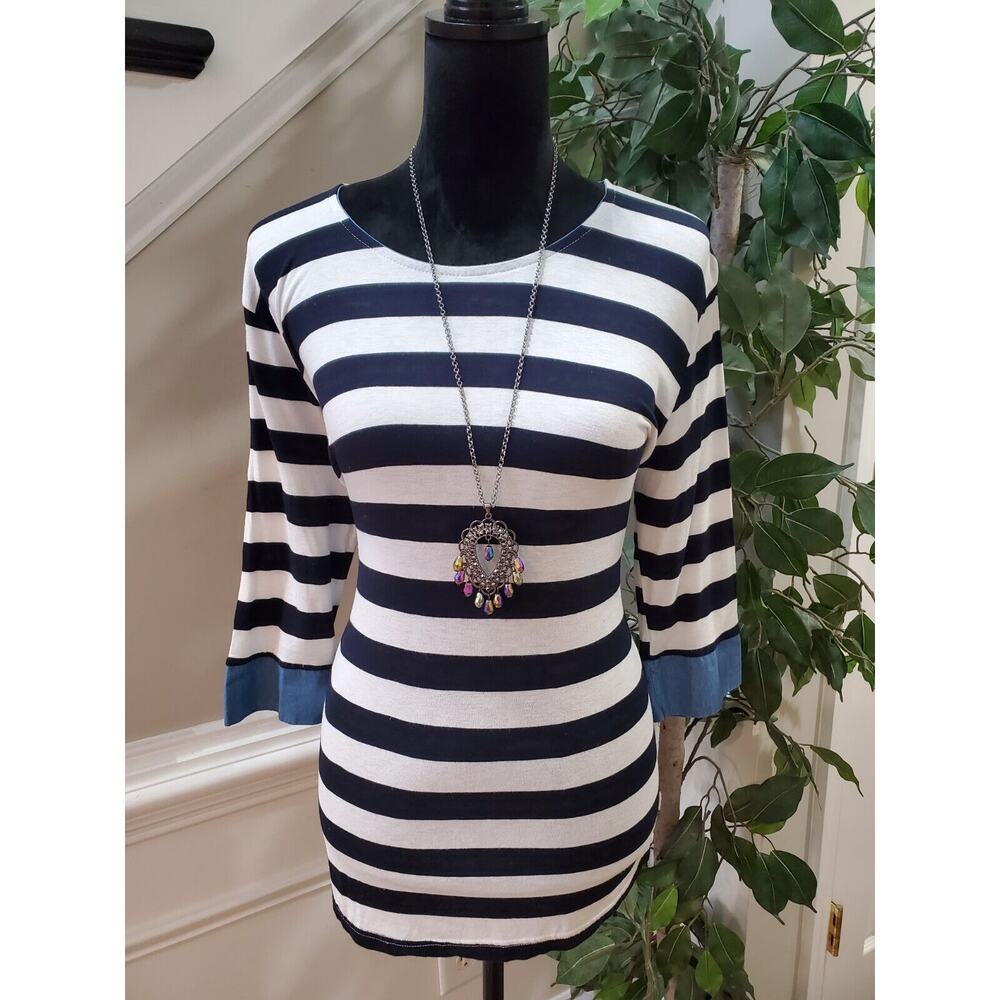 Lemite Women's White & Blue Striped Polyester Round Neck Long Sleeve Blouse L